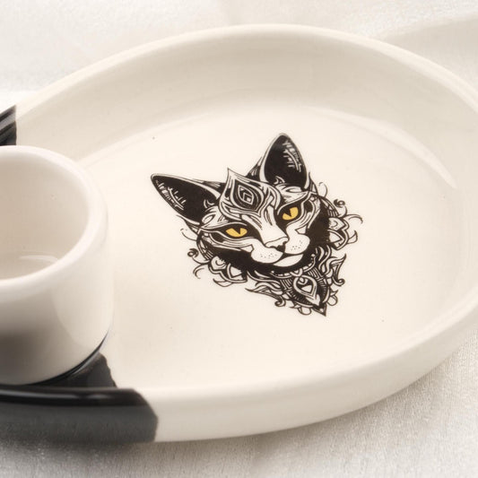 Meditating Cat Design White Ceramic Palo Santo Holder | Smudge And Ash Tray For Energy Cleansing | 14x10x3cm Ash Catcher for Sandal Incense