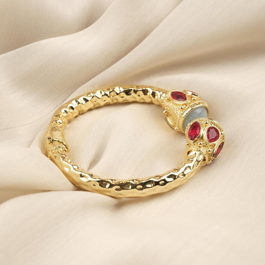 Stone of Courage | Handmade Aquamarine Bracelet with Ruby Red Accents, Inspired Design, Antique Looking and Vintage Style Gold Plated Bangle