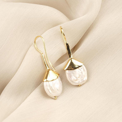 Handmade Genuine Pearl Dangle Earrings, Elegant Gold Plated Design with Baroque Freshwater Pearls, Vintage Style & Antique Looking Her Gift
