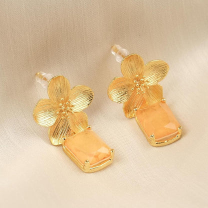 Handmade Gold Plated Flower Stud Earrings, Elegant Orange Gemstone Drop Design, Artistic Floral Charm, Unique Statement Gift for Her