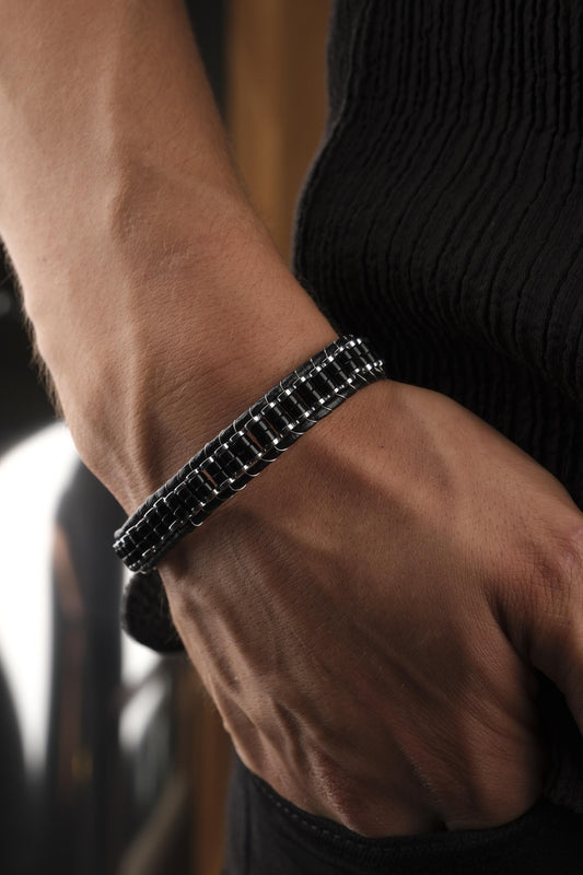 Handmade Hematite & Genuine Leather Men's Bracelet, Bold Black , Titanium Lock, Elegant Statement Piece | 22 cm (8.66 in) gift