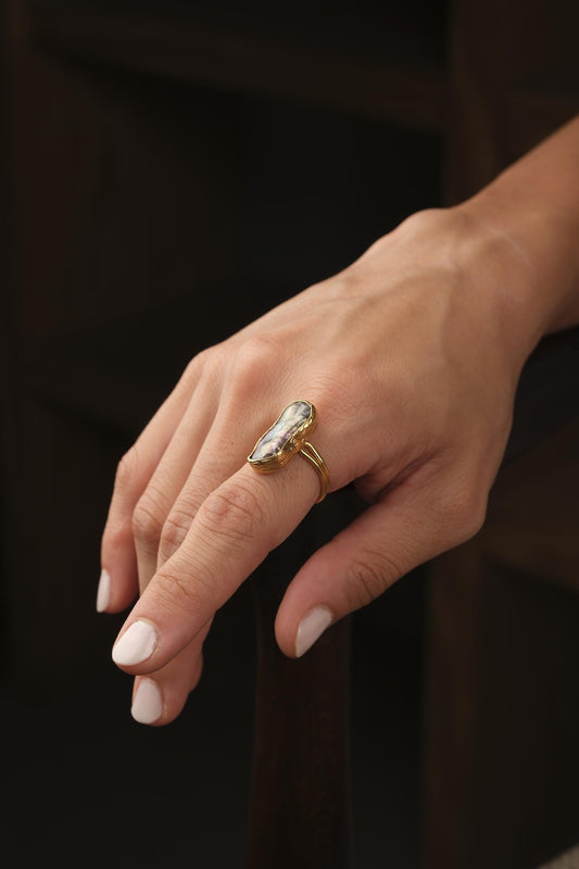 Handmade Black Genuine Pearl Statement, Antique Looking & Vintage Style Gold Plated Ring With Sculptural Artistic Abstract Design For Women