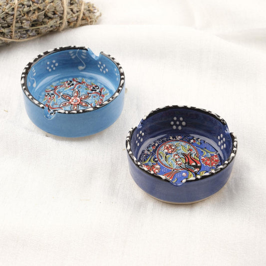 Buy1 Get1 | Blue & Navy Blue Ceramic Ashtray with Vintage Lid, Handmade Small Smoking Tray, Elegant Antique Style Decorative Ashtray Gift