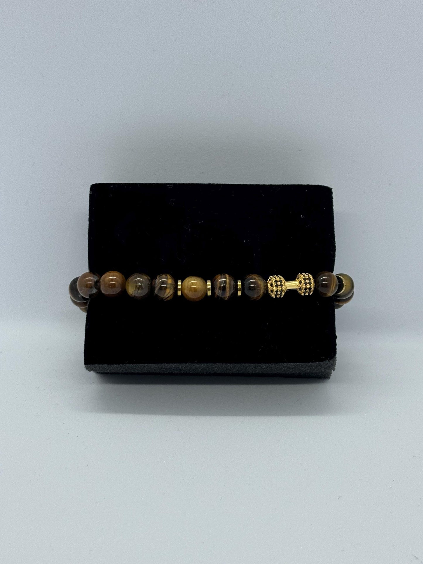 Gold Dumbbell Tiger Eye Bracelet for Him, Unique Gift Sacral Chakra Protection Gemini,Scorpio, Taurus, Cancer, Hematite Gym Bracelet for Men