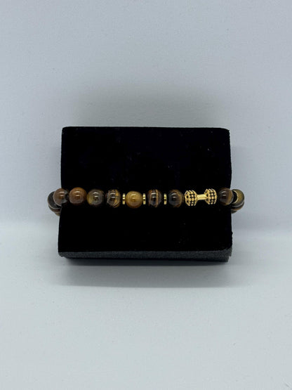 Gold Dumbbell Tiger Eye Bracelet for Him, Unique Gift Sacral Chakra Protection Gemini,Scorpio, Taurus, Cancer, Hematite Gym Bracelet for Men
