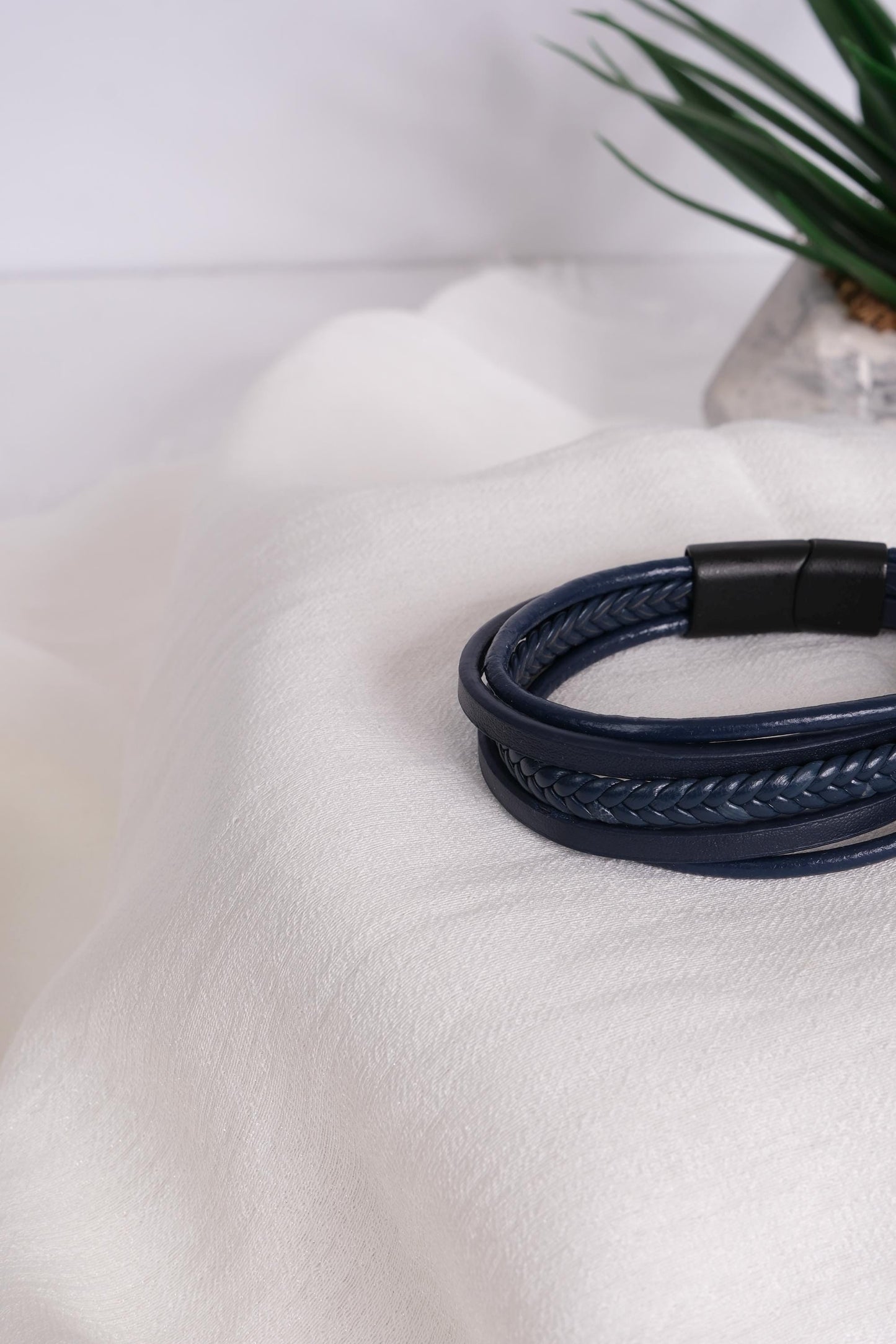 Navy Blue Men's Bracelet 22cm Genuine Leather Multi-Layer Braided Wrap Wristband with Magnetic Clasp Bold Stylish Gift for Him