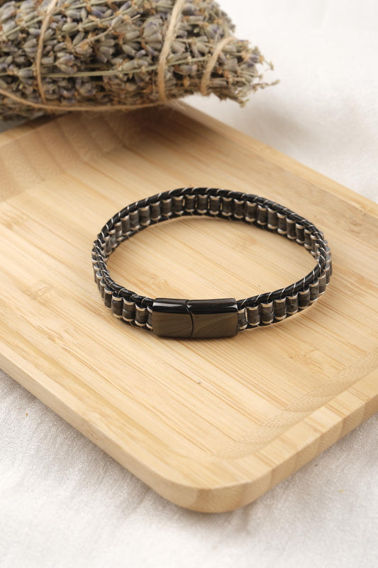 Stone of Balance, Hematite Leather Bracelet for Men, Black Crystal Bracelet with Genuine Leather, Gift for Boyfriend or Him, 21 cm