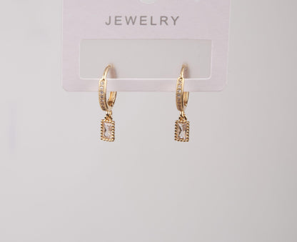 Gold Rectangle Pink Emerald Earrings, Elegant Minimalist Hoops For Women Who Glow, Feminine Statement Jewelry In Brass