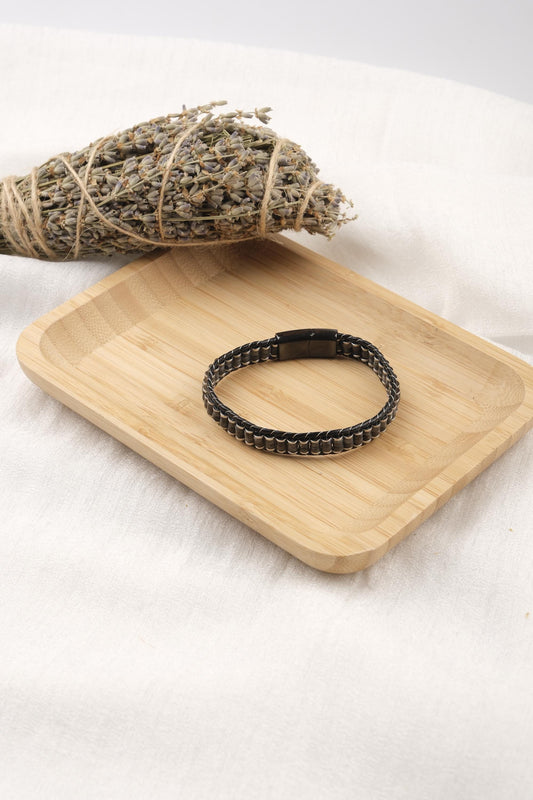Stone of Balance, Hematite Leather Bracelet for Men, Black Crystal Bracelet with Genuine Leather, Gift for Boyfriend or Him, 21 cm