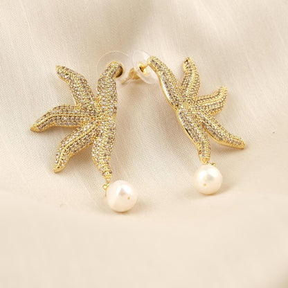 Handmade Real Pearl & Starfish Stud Earrings with Genuine Freshwater Pearl, Light Artistic Ocean-Inspired Design, Elegant Marine Style Gift