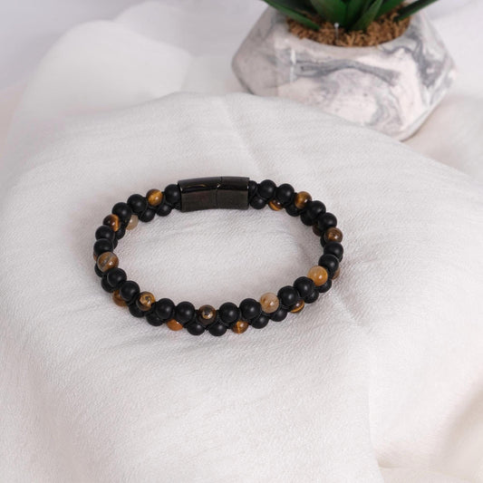 Tiger’s Eye & Matte Black Beaded Men’s Bracelet , 22cm , Grounding , Bold Design, Smooth Finish, Stylish Gift for Him