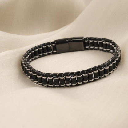 Handmade Hematite & Genuine Leather Men's Bracelet, Bold Black , Titanium Lock, Elegant Statement Piece | 22 cm (8.66 in) gift