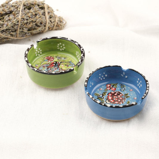 Buy1 Get1 | Blue & Green Ceramic Ashtray with Artistic Lid, Handmade Vintage Smoking Tray, Antique Look Small Ashtray Gift, Home Decor Piece