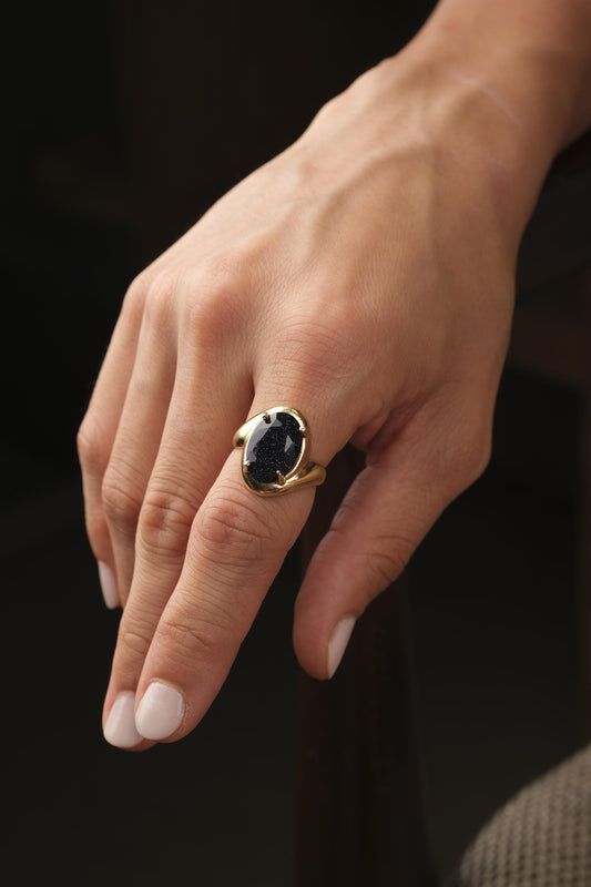 Handmade Shiny Ring , Gemstone Antique Looking And Vintage Style Gold Plated Adjustable , Elegant Oval Cut Statement Design Gift for Her