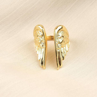 Spiritual Feather & Angel Design Ring Antique Looking And Vintage Style Gold Plated Adjustable , Celestial Inspired Statement Jewelry Gift