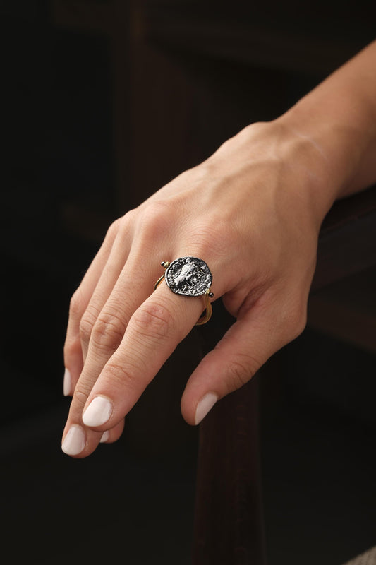 Handmade Roman Emperor Ring With Antique Coin Look, Antique Looking And Vintage Style Gold Plated With Minimalist Statement Design Charm