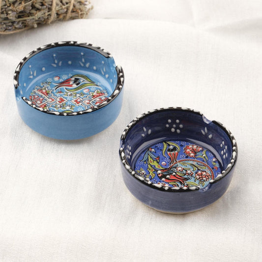 Buy1 Get1 | Blue & Navy Blue Ceramic Ashtray with Vintage Lid, Handmade Antique Style Small Smoking Tray, Elegant Decorative Ashtray Gift
