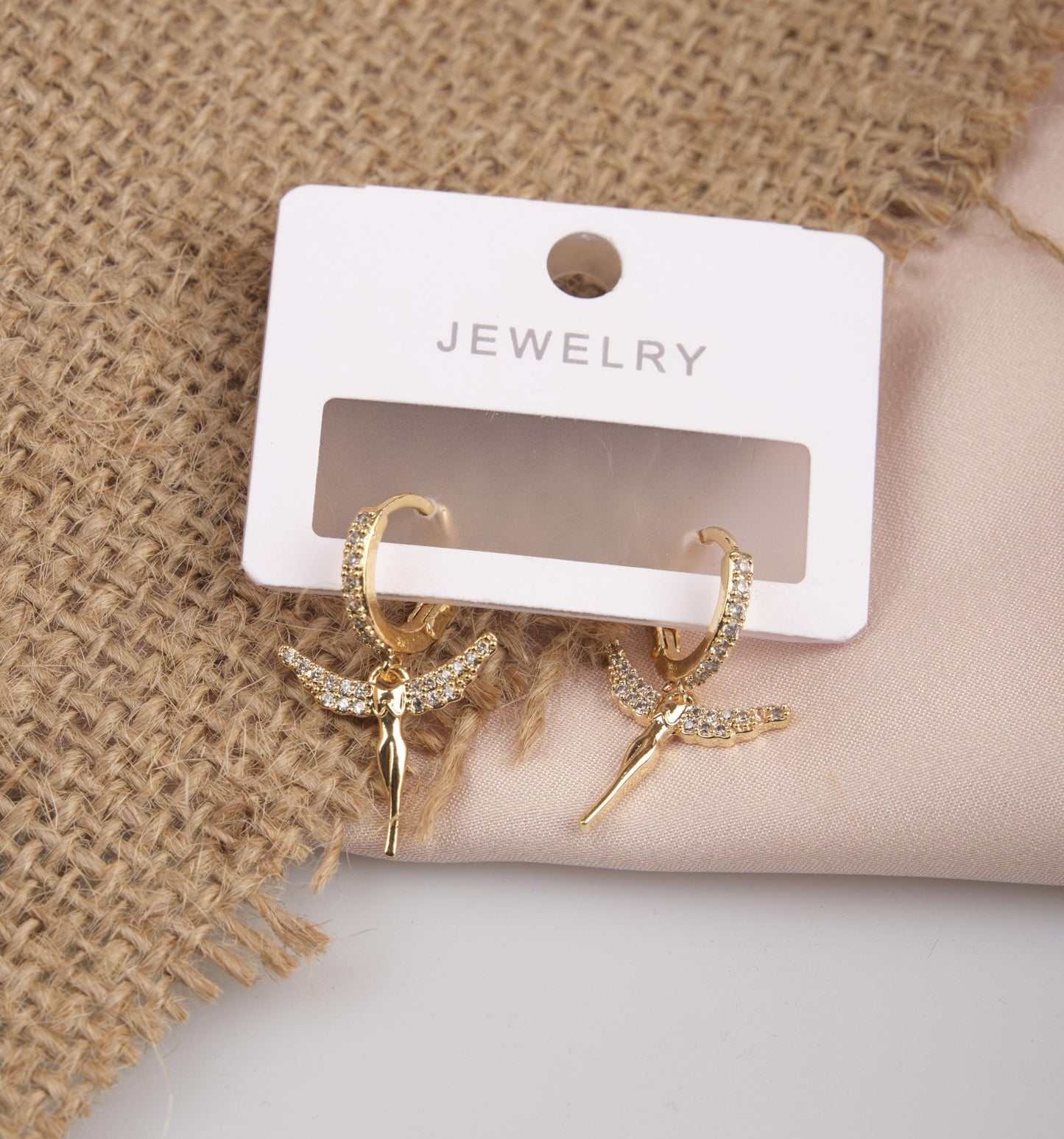 Gold Fairy Angel Hoop Earrings, Radiant And Spiritual Jewelry For Women, Gentle Minimal Charm Made In Brass