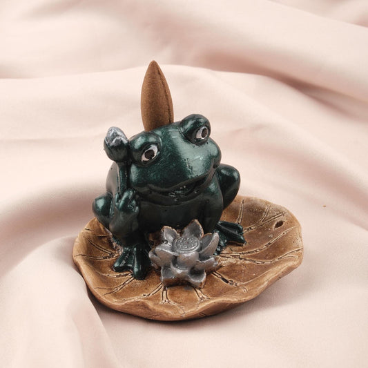 Lucky Frog Backflow Incense Burner with Ash Lid | 10 cm and 3.9 in Mini Resin Incense Fountain, Unique Zen Gift, Smoke Waterfall Holder