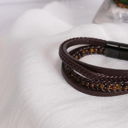 Black Leather & Tiger Eye Gemstone Men's Bracelet 22cm – Bold Braided Design with Natural Stone Accent, Durable Genuine Leather Wristwear