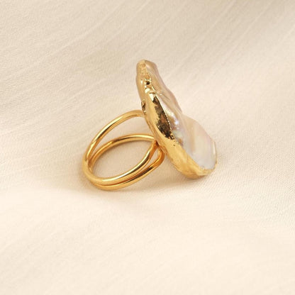 Handmade Genuine Pearl Statement, Antique Looking And Vintage Style Gold Plated Ring With Sculptural Artistic Abstract Design For Women