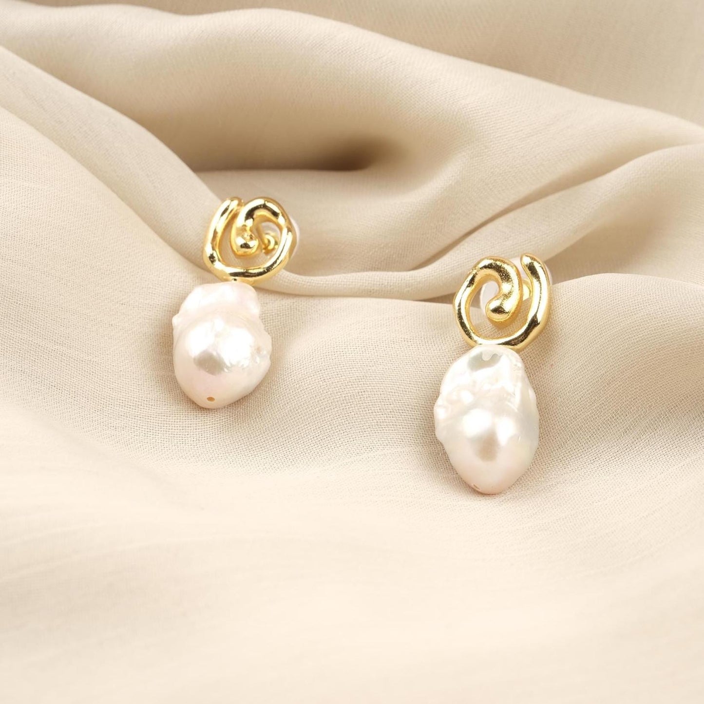 Handmade Genuine Pearl Abstract Modern Earrings, Artistic Gold Plated Studs, Unique Organic Baroque Design For Elegant Statement Style