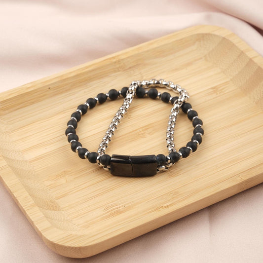 Stone of Strength, Black Matte Onyx & Hematite Leather Bracelet for Men, Crystal Protection Bracelet Gift, Bold Wristband, 21cm / 8.26in