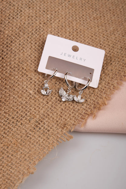 Silver Swan, Fairy And Blooming Flower Hoop Earrings, Spiritual Minimal Jewelry For Women, Hypoallergenic Brass Style