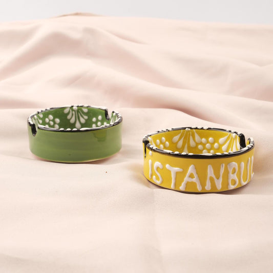 Buy1 Get1 | Handmade, Antique Looking Vintage Style Ashtray in Green & Dark Yellow with Istanbul