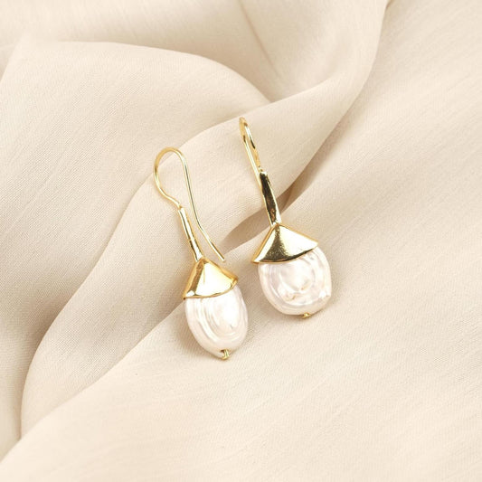 Handmade Genuine Pearl Dangle Earrings, Elegant Gold Plated Design with Baroque Freshwater Pearls, Vintage Style & Antique Looking Her Gift