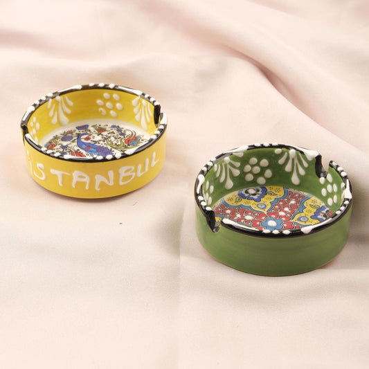 Buy1 Get1 | Handmade, Antique Looking Vintage Style Ashtray in Unique Yellow and Green, Catch Style Cigarette Lid