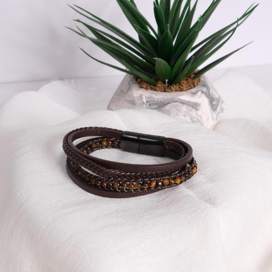 Black Leather & Tiger Eye Gemstone Men's Bracelet 22cm – Bold Braided Design with Natural Stone Accent, Durable Genuine Leather Wristwear