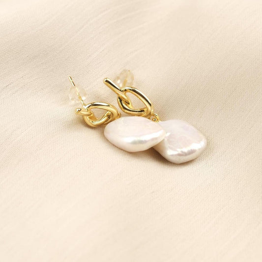 Handmade Genuine Pearl Tie Style Studs, Gold Plated Twisted Detail Earrings, Elegant Minimalist Jewelry For Women, Modern Freshwater Charm