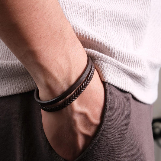 Brown Minimal Leather Men's Bracelet Double Layered Genuine Leather 22cm Adjustable Wristband Minimalist Fashion Jewelry for Him Gift