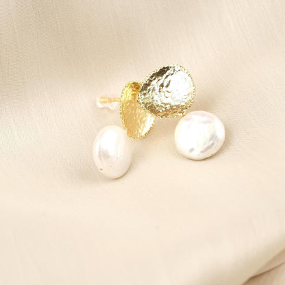 Handmade Gold Plated Stud Earrings with Genuine Freshwater Pearl, Antique Looking Dome Design, Elegant Artistic Minimal Jewelry Gift for her