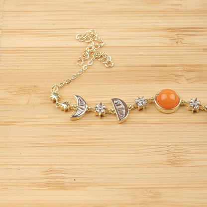 Orange Moon & Star Charm Bracelet for Women, Gold Celestial Jewelry with Vibrant Orange Accent Stone, Warm Gift for Her, 22cm / 8.66in