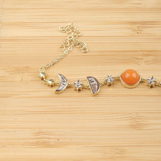 Orange Moon & Star Charm Bracelet for Women, Gold Celestial Jewelry with Vibrant Orange Accent Stone, Warm Gift for Her, 22cm / 8.66in