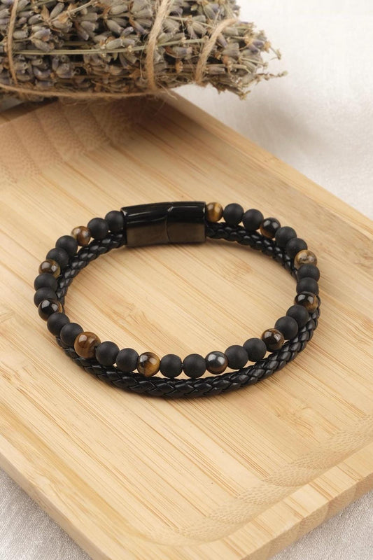 Stones of Power, Tiger Eye and Matte Onyx Bracelet for Men, Leather Wristband Gift for Him or Boyfriend, Crystal Design