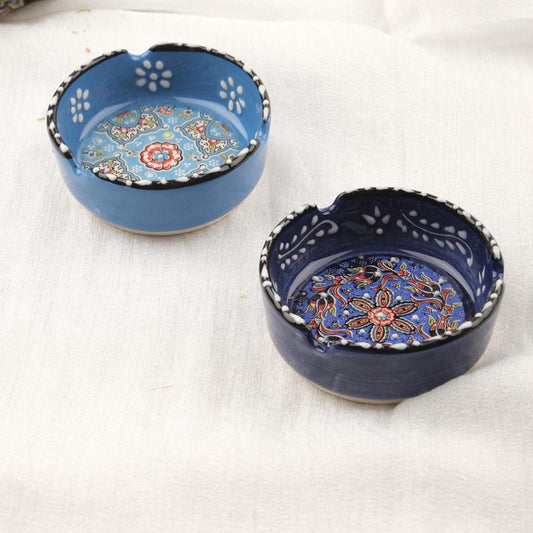 Buy1 Get1 | Blue & Navy Ceramic Ashtray with Traditional Lid Design, Handmade Vintage Smoking Bowl, Antique Decor Gift, Compact Ash Tray