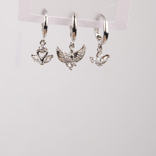 Silver Swan, Fairy And Blooming Flower Hoop Earrings, Spiritual Minimal Jewelry For Women, Hypoallergenic Brass Style