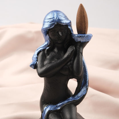 Women Figure Backflow Incense Holder, 17 cm and 6.7 in | Unique Resin Smoke Fountain, Spiritual Decor, Meditation Gift, Navy Blue & Black