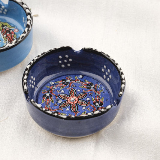 Buy1 Get1 | Navy Blue & Blue Ceramic Ashtray with Antique Lid Design, Handmade Small Vintage Smoking Tray, Stylish Ashtray Gift for Home