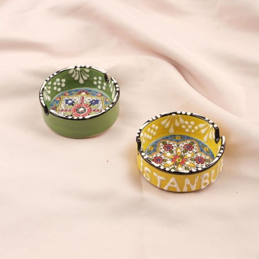 Buy1 Get1 | Handmade, Antique Looking Vintage Style Ashtray in Green & Dark Yellow with Istanbul