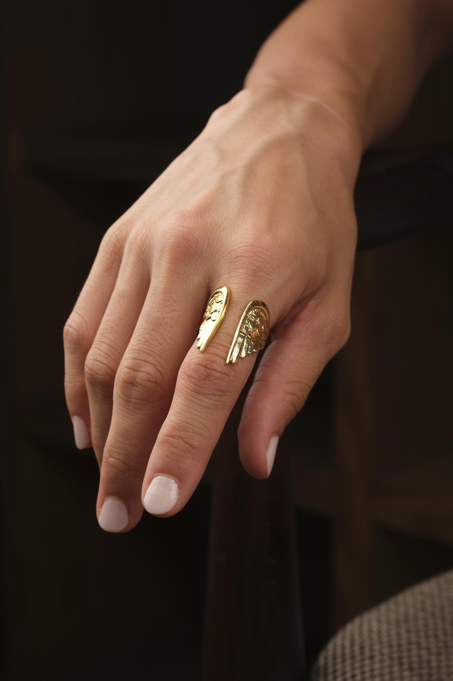 Spiritual Feather & Angel Design Ring Antique Looking And Vintage Style Gold Plated Adjustable , Celestial Inspired Statement Jewelry Gift