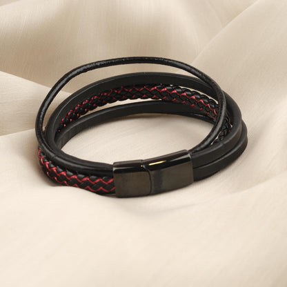 Black Leather Titanium Lock  Men's Bracelet – 22cm Bold Design with Red Stitching and Gold Accent