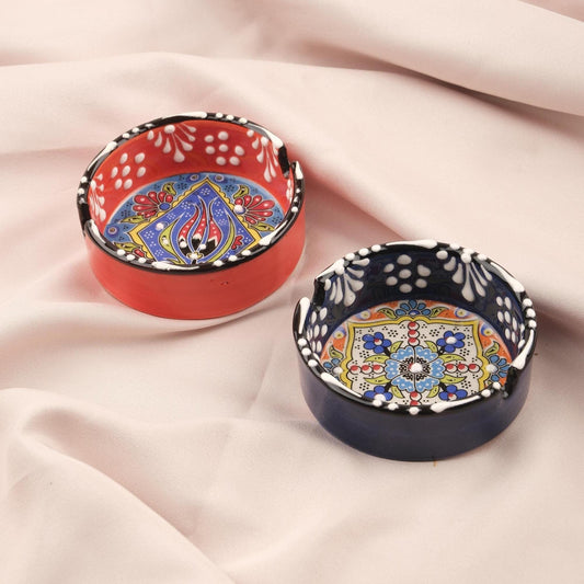 Buy1 Get1 | Antique Ashtray with Vintage Anatolian Paint, Handmade Perfection for Smokers | Ceramic Cigarette Lid in Navy Blue & Red 3.14IN