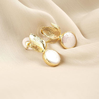 Handmade Genuine Pearl Stud Earrings, Gold Plated Leaf Design, Artistic Nature-Inspired Jewelry for Women, Elegant Lightweight Statement