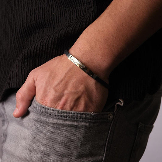 Gold Detailed Geometric Silver Bracelet – 22 cm – Modern Men Jewerly Design, Masculine | Perfect Accessory Gift for Everyday Wear