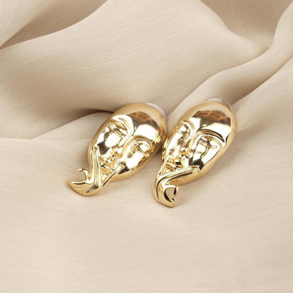 Handmade Artistic Woman Face Stud Earrings, Gold Plated Abstract Design, Statement Feminine Jewelry, Unique Gift with Vintage Style Flair
