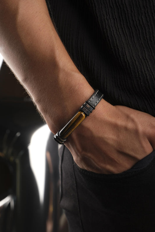 Handmade Tiger’s Eye and Ox Leather Men’s Bracelet, Bold and Classy Design with Titanium Lock, Natural Gemstone Jewelry | 22 cm (8.66 in)